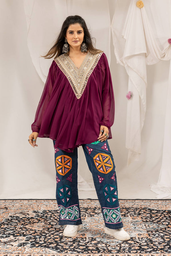 Burgundy Mirror Work Kediya with Embroidered Denim Jeans Set
