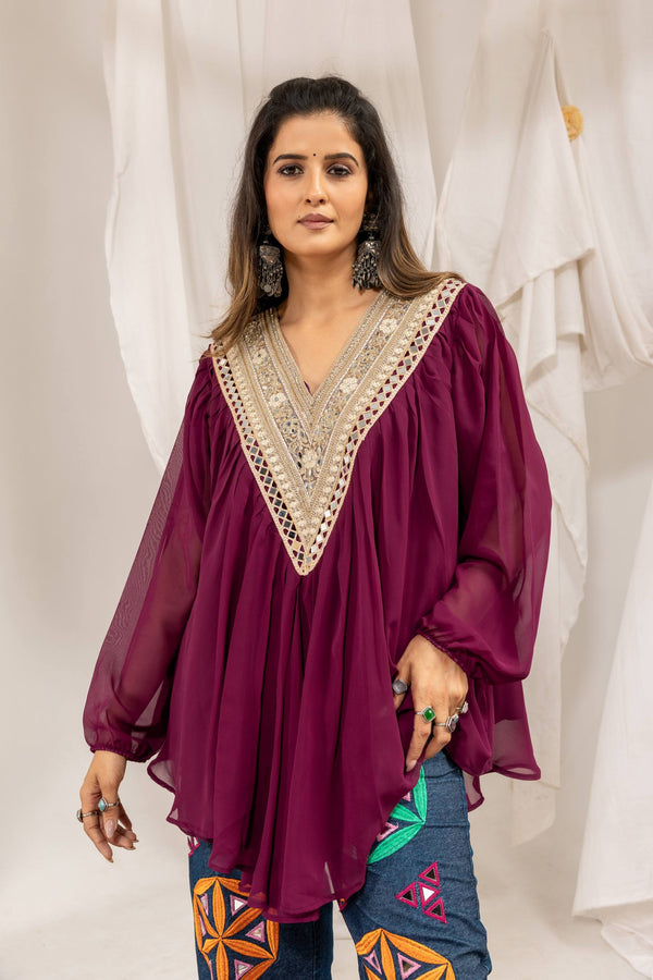 Burgundy Mirror Work Kediya with Embroidered Denim Jeans Set