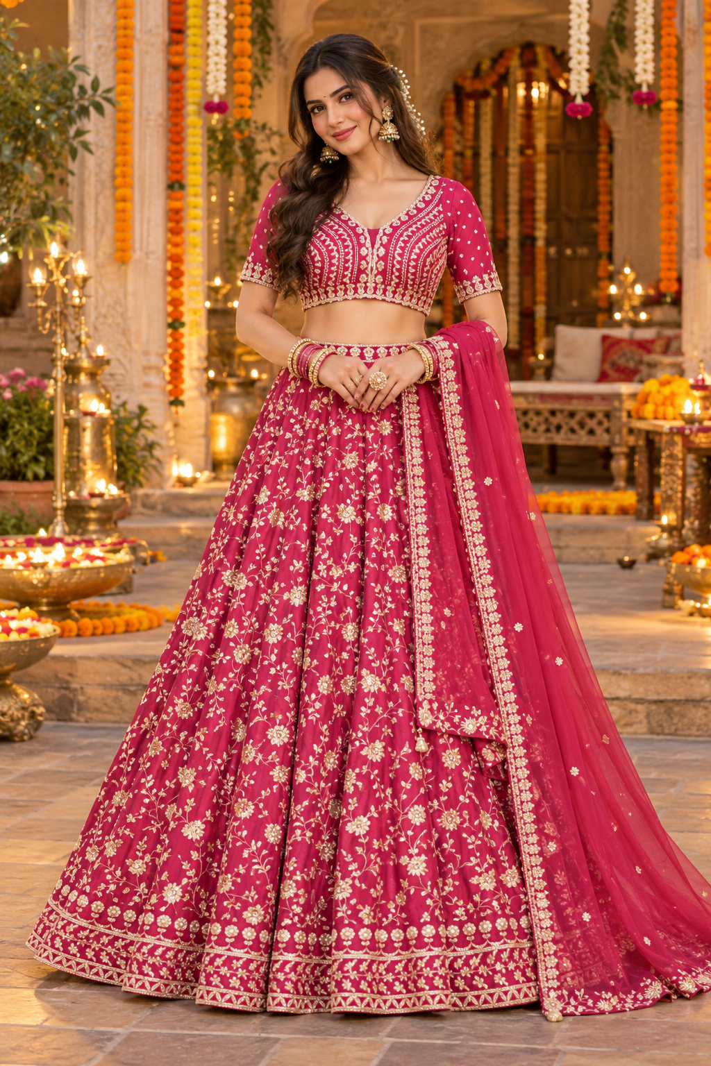 Full-length front view of a model wearing a rani pink lehenga set adorned with gold zari floral motifs and sweetheart-neck choli