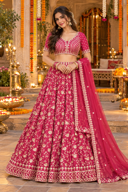 Full-length front view of a model wearing a rani pink lehenga set adorned with gold zari floral motifs and sweetheart-neck choli