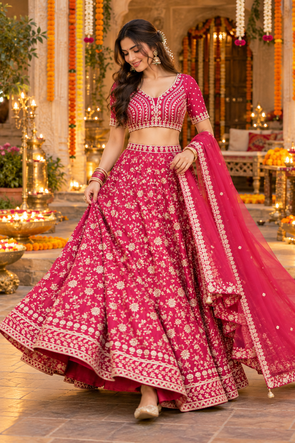 Gajri Embroidered Designer Lehenga Choli Set with Net Dupatta