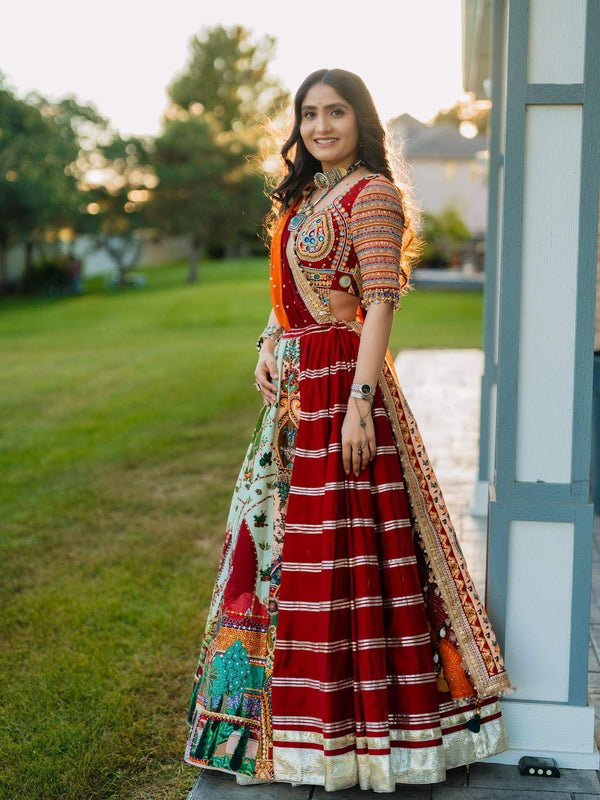 Rust Red and Mint Muslin Cotton Navratri Lehenga Choli with Real Mirror Work