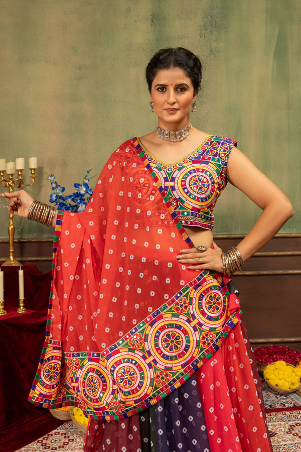 Coral Red Dot Print Navratri Embroidered Lehenga Choli Ensemble