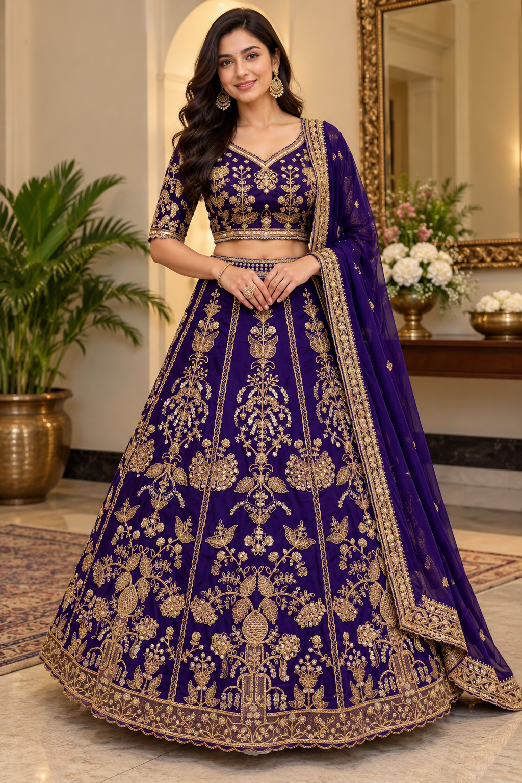 Standing full-length front view of a model wearing a heavy royal purple bridal lehenga set with intricate floral kalis and gold jewelry.