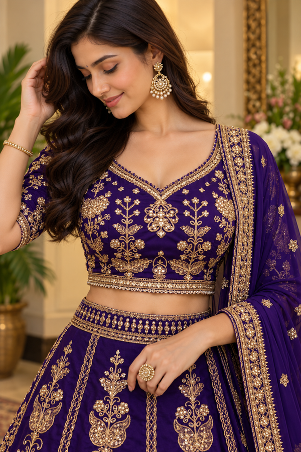 Purple Sequin Zari Dori Embroidered Wedding Lehenga Choli Set