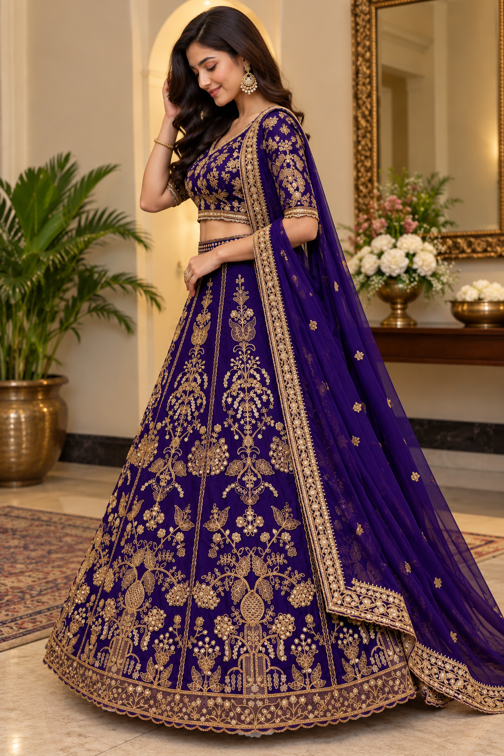 Side profile full-length view of a model in a luxury interior wearing an ornate royal purple velvet lehenga with a draped sheer net dupatta.