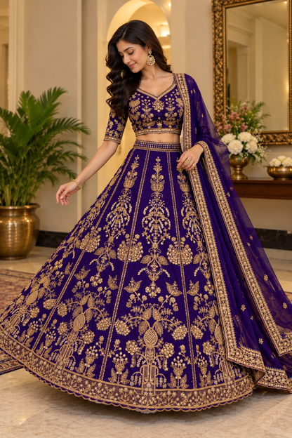 Standing full-length shot showcasing the flared silhouette and scalloped zari hemline of a royal purple embroidered bridal lehenga.