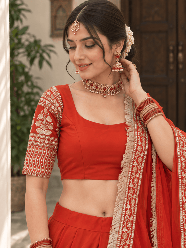Red Faux Georgette Zari Embroidered Wedding Lehenga Choli Set