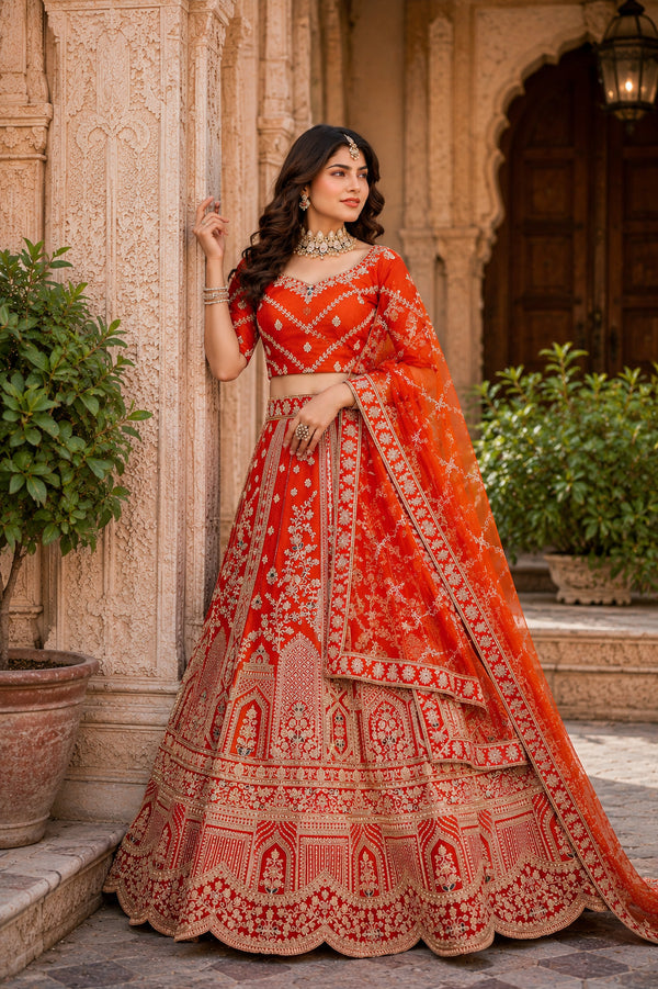 Rust Designer Bridal Lehenga Set with Jarkan Diamond Handwork