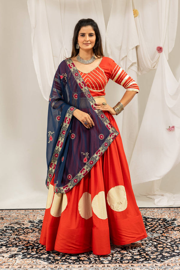 Coral Orange Rayon Gota Work Lehenga Choli with Navy Dupatta