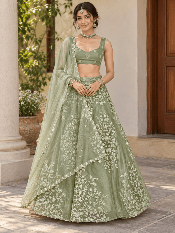 Sage Green Organza Embroidered Lehenga Choli with Dupatta Set