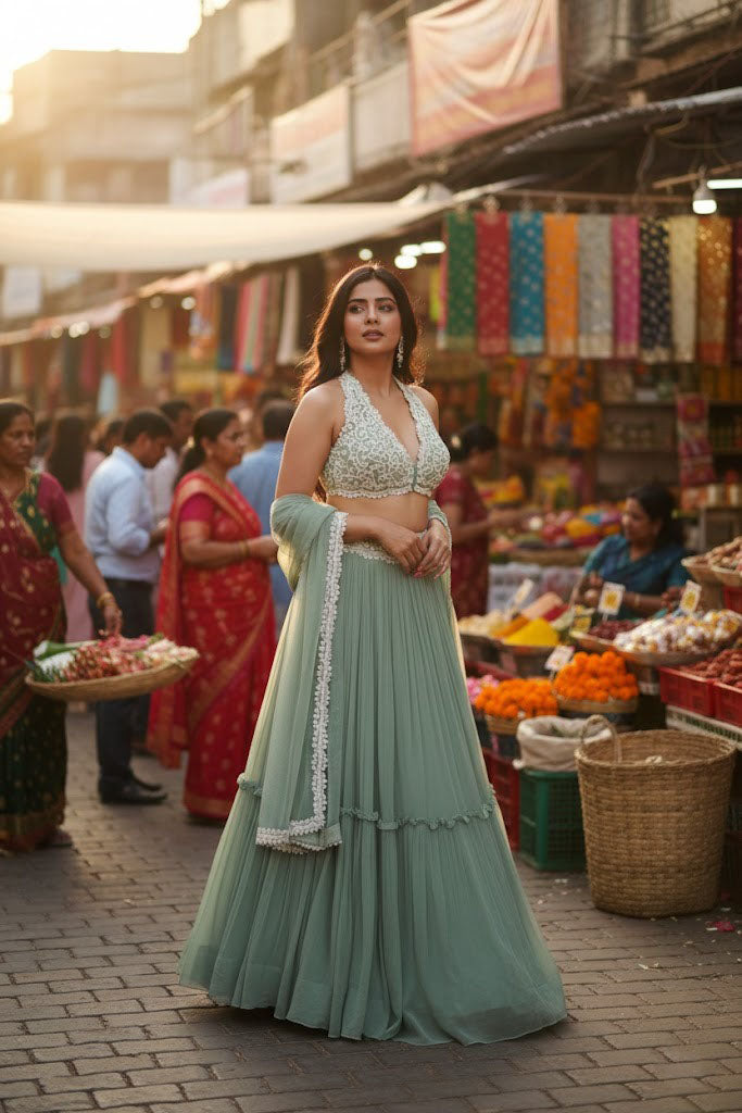 Full-length front view of a model wearing a sage green pleated tiered lehenga paired with an intricately embroidered halter neck choli