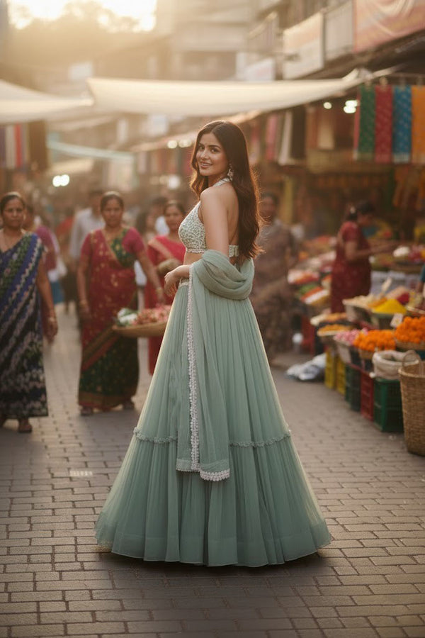 Sea Green Georgette Two-Tier Lehenga Choli Embroidered Indian Set