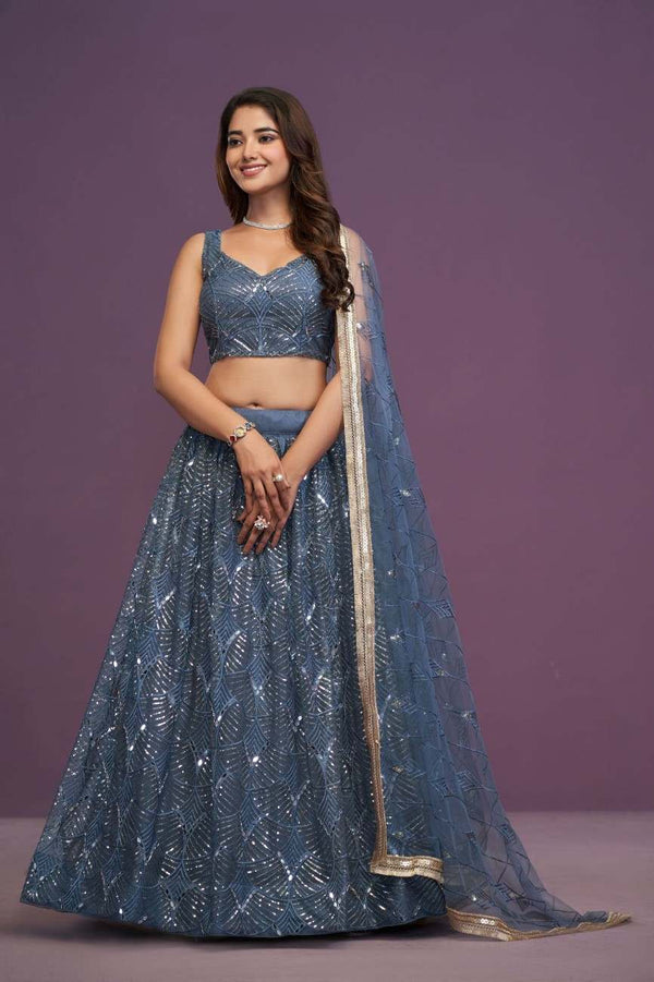 Blue Net Mirror Work Sequin Embroidered Lehenga Choli Ensemble
