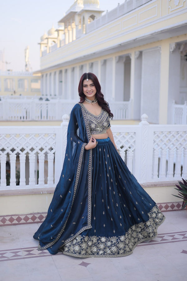 Rama Blue Fendy Silk Zari Embroidered Lehenga Choli Set for Women