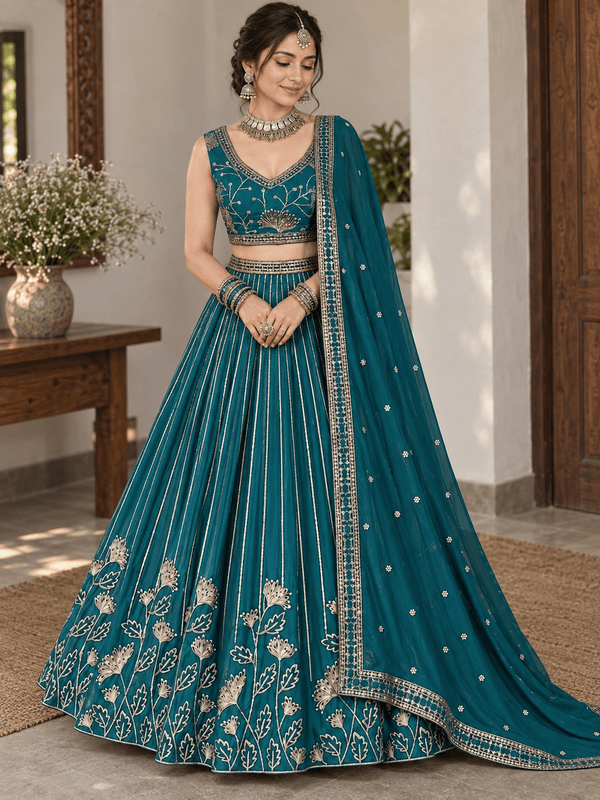 Teal Star Georgette Zari Embroidered Lehenga Choli Festive Set