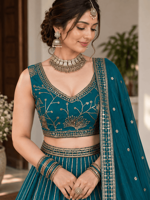 Teal Star Georgette Zari Embroidered Lehenga Choli Festive Set