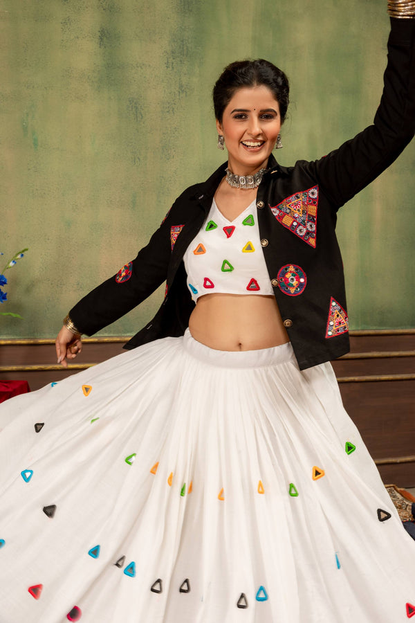 White Black Mirror Work Lehenga Choli with Embroidered Denim Coti