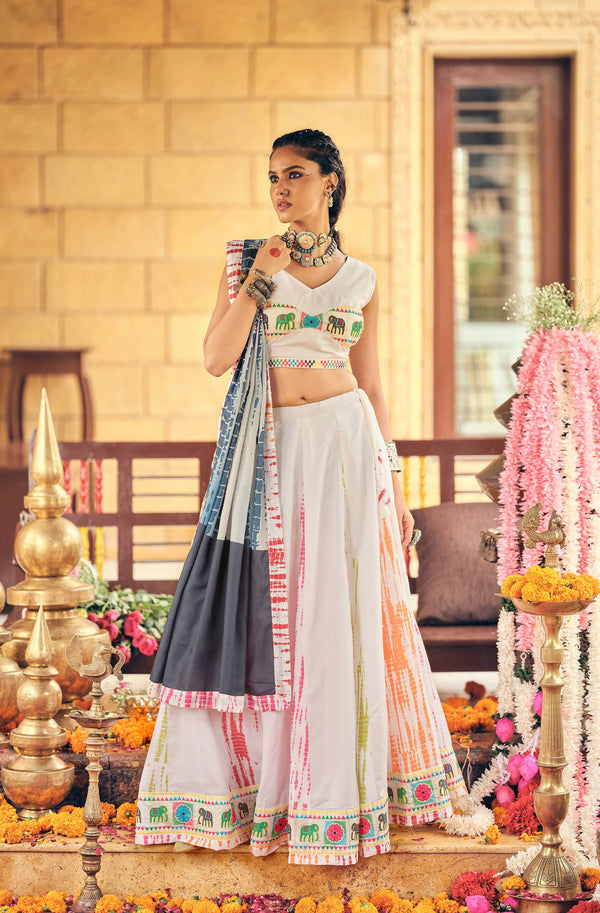 Cotton Shibori Print Embroidered Lehenga Choli Set with Blouse