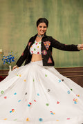 White Black Mirror Work Lehenga Choli with Embroidered Denim Coti