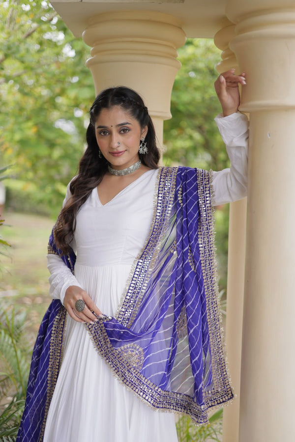 White Rayon Navratri Gown with Gota Patti & Leheriya Dupatta