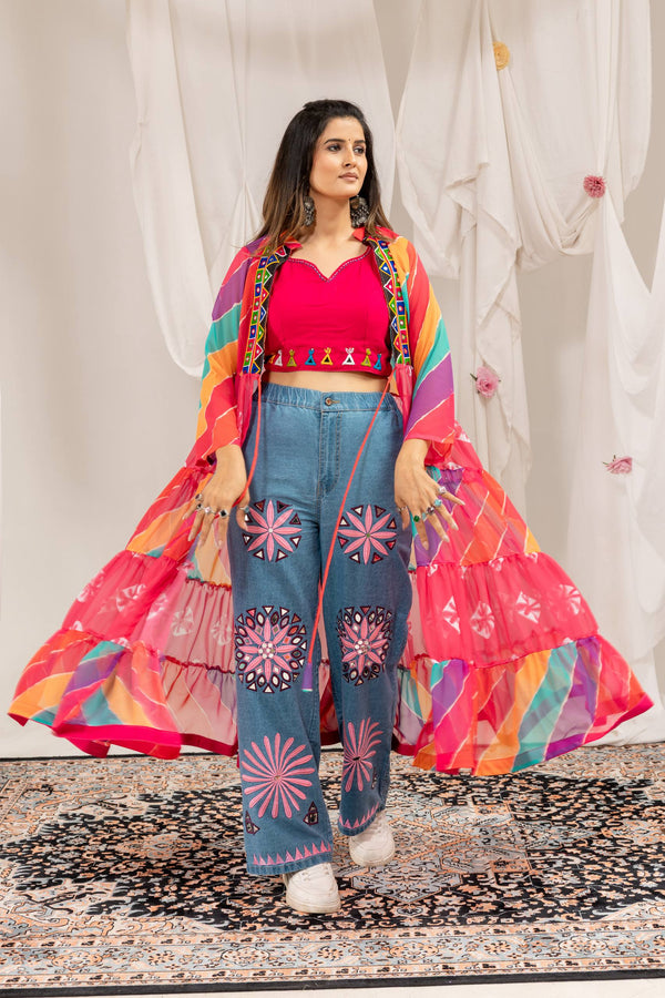 Mirror Work Denim Navratri Co-Ord Set with Colorful Shrug Layer