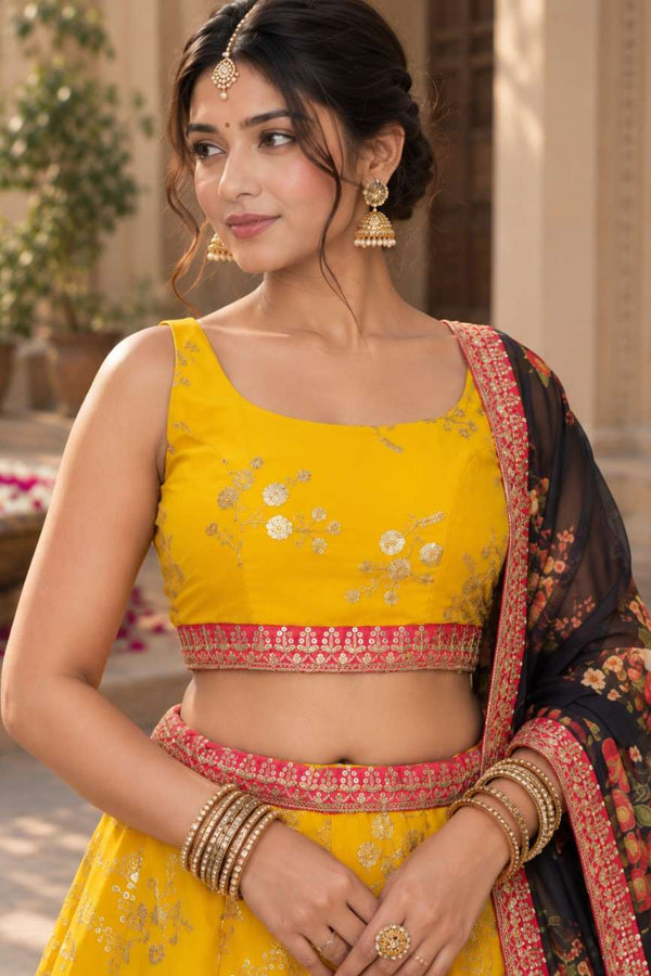 Yellow Georgette Zari Embroidered Lehenga Choli Set, Dupatta