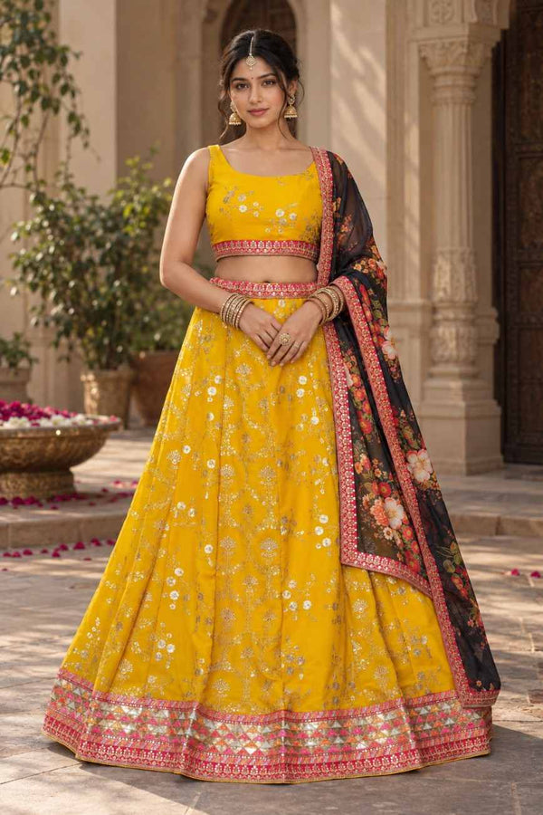 Yellow Georgette Zari Embroidered Lehenga Choli Set, Dupatta