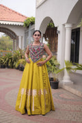 Mustard Yellow Roman Lehenga Choli with Kutchi Gamthi Embroidered Blouse & Coconut Gota Work